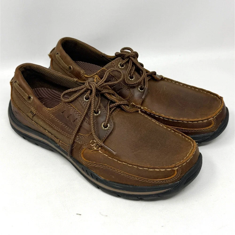 Skechers Gembel Relaxed Fit 64114 Mens Brown Leather Boat Deck Shoe‎ 8.5 Preppy